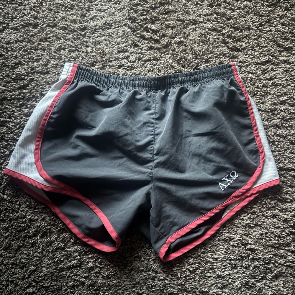 Alpha Chi Omega (AXO) Gray Athletic Shorts with Pink Trim